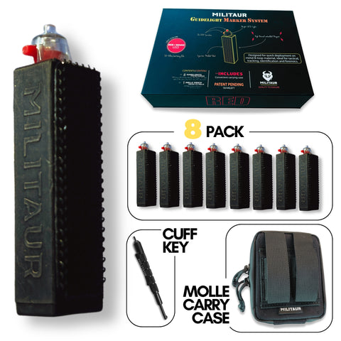 Militaur Guidelight Marker System contents, 8 guidelights, 1 molle carry case and 1 handcuff key