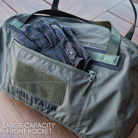 ranger green militaur duffle bag front pocket with black leather gloves