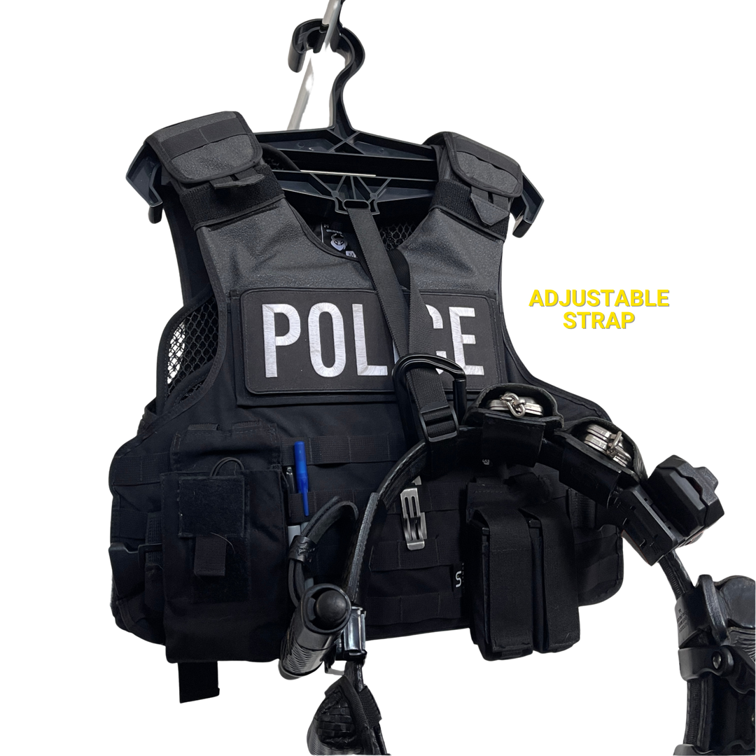 militaur hanger holding a police vest and duty belt at the same time