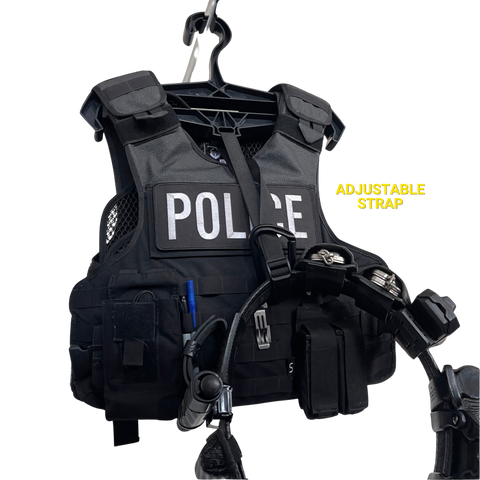 militaur hanger holding a police vest and duty belt at the same time