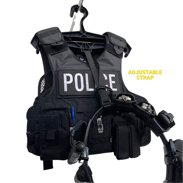 militaur hanger holding a police vest and duty belt at the same time