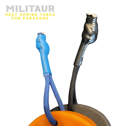 Militaur heat shrink tubes available in black or blue for permanent paracord casing