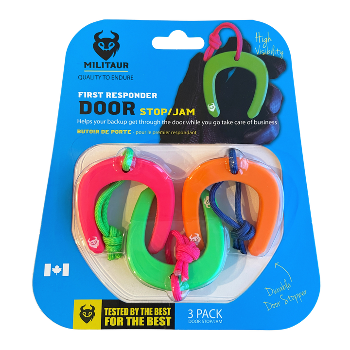 high visibility bright neon militaur door stops for first responders in packaging