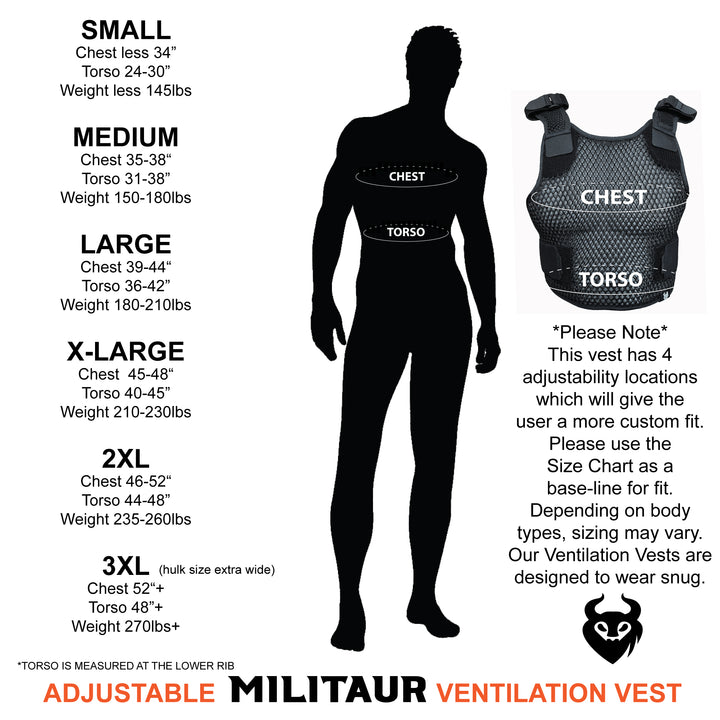 militaur adjustable ventilation vest size chart explaining sizes small to 3XL